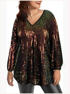 Plus Size Long Sleeve Tunic Top Pleated V Neck Flowy Blouse